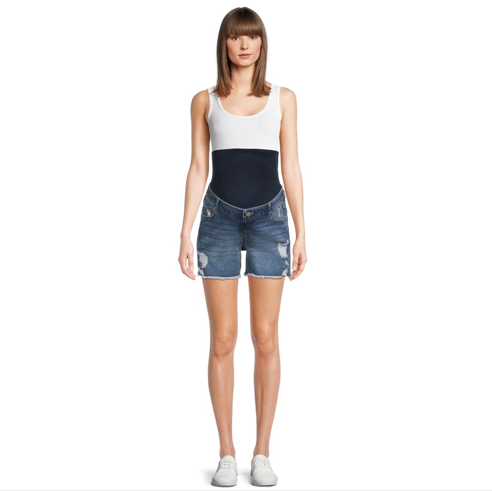 TIME AND TRU Maternity Jean Shorts M 8 10 Distressed Bermuda Stretch Belly Band - Picture 3 of 9
